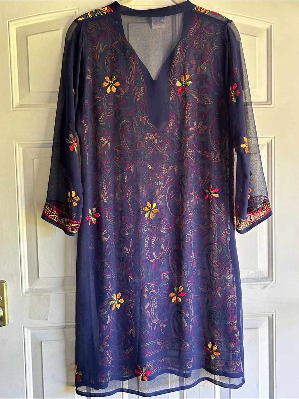 ROYAL MOTA SHEER NAVY BLUE TUNIC IS ADORNED WITH FLORAL & EMBROIDERED SZ 40 - Picture 6 of 12
